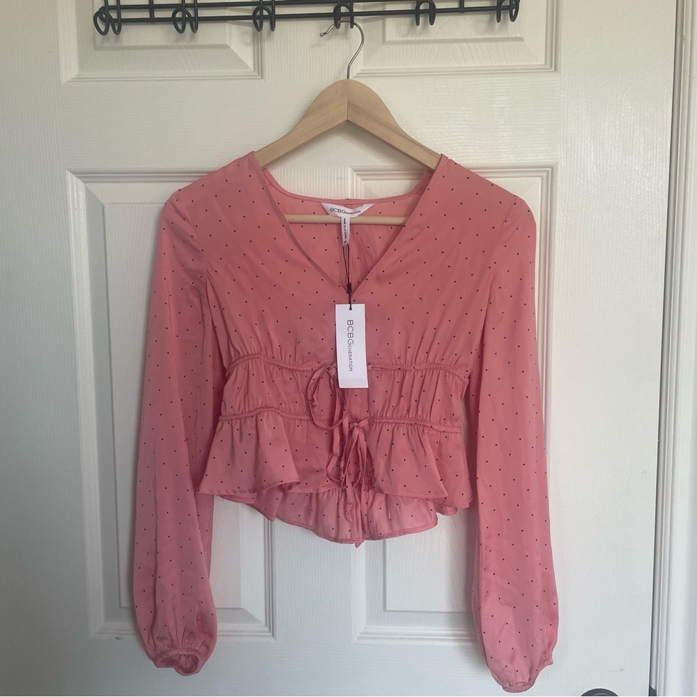 BCBG ruffle watermelon blouse with polka dots